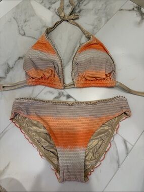Luli Fama Orange and Beige Ombre Halter Bikini Set